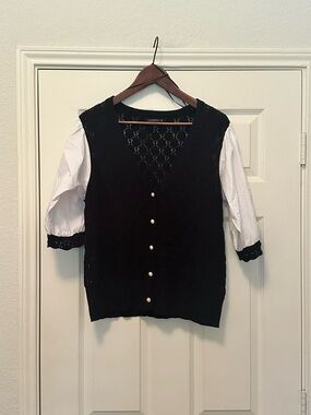 Joseph A. Black & White Twofer Cardigan with Puff Eyelet Sleeves - Size M